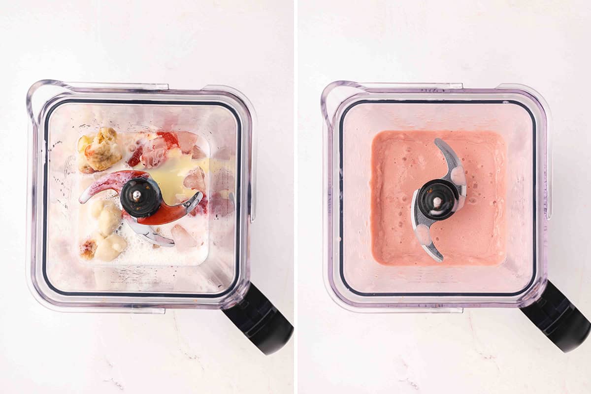 Frozen banana, strawberry juice concentrate, condensed milk and ice in a blender, followed by them all blended together.