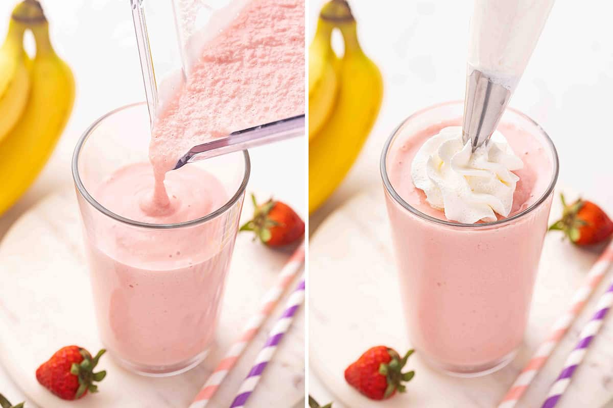 Strawberry Banana Orange Julius being poured into a cup, followed by a piping bag adding whipped cream on top.