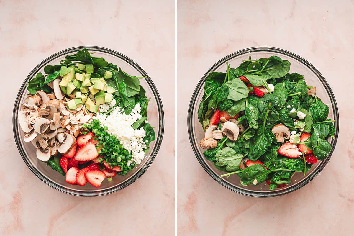 Spinach salad ingredients in a mixing bowl before and after tossing together with strawberries, mushrooms, avocado, goat cheese, almonds, and scallions.