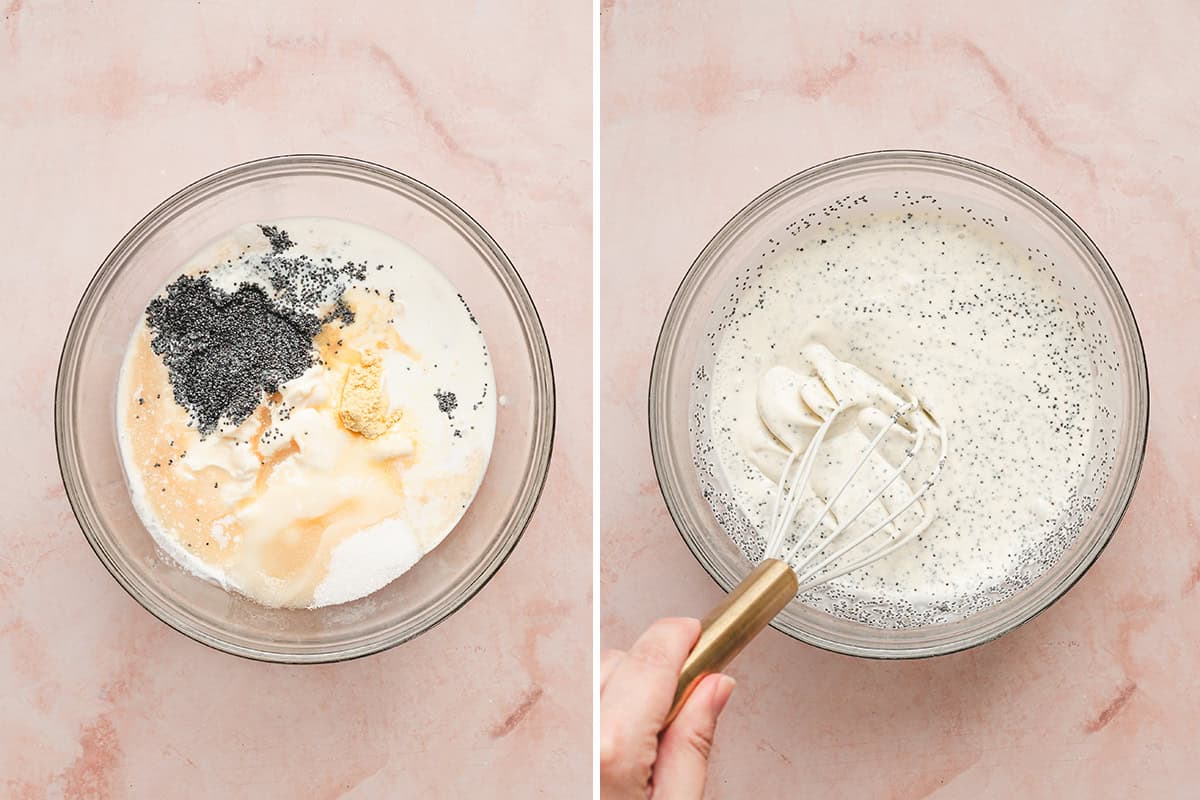 Ingredients for homemade poppy seed dressing in a glass bowl alongside the finished dressing whisked until smooth and creamy.