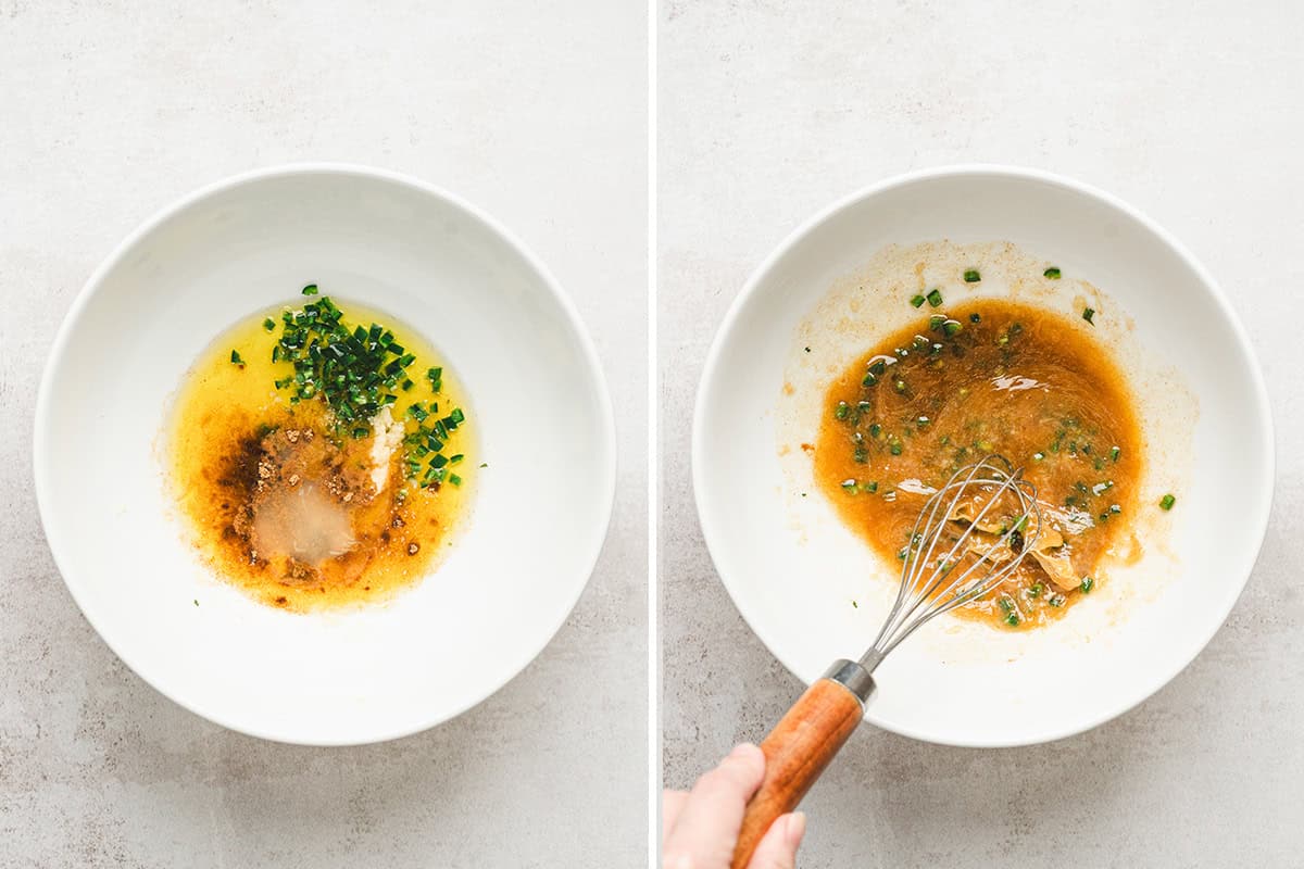 Cumin lime dressing ingredients in a white bowl beside whisked dressing mixed until smooth.