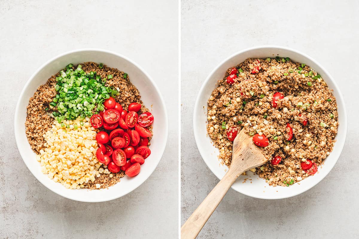 Toasted quinoa, corn, cherry tomatoes, and scallions in a bowl before and after mixing with the dressing.
