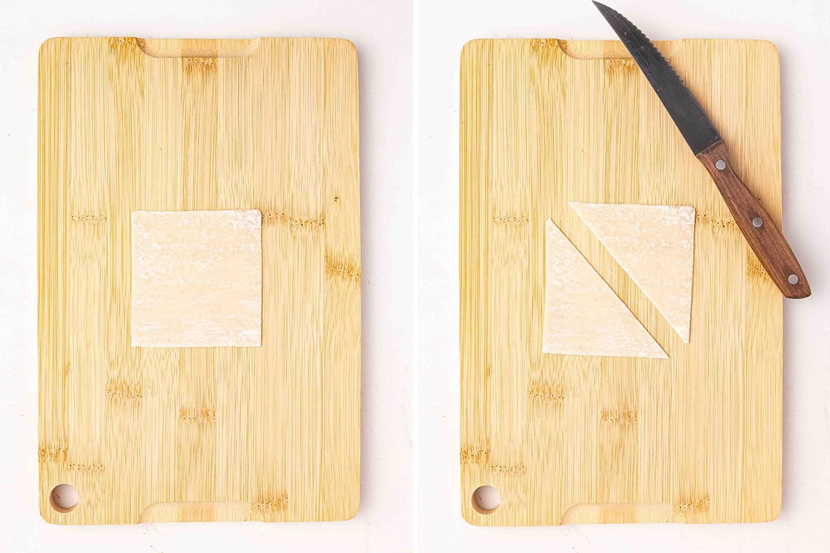 A wonton wrapper on a cutting board, followed by a wonton wrapper cut in half on a cutting board.