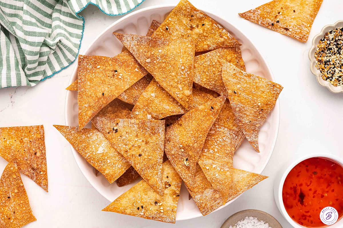 A plate of crispy air fryer wonton chips.