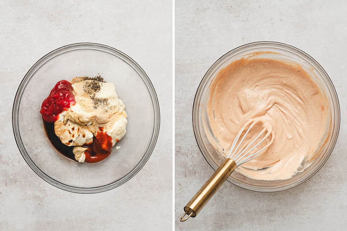 Combine sauce ingredients in a bowl, followed by the ingredients combined to make the sauce.