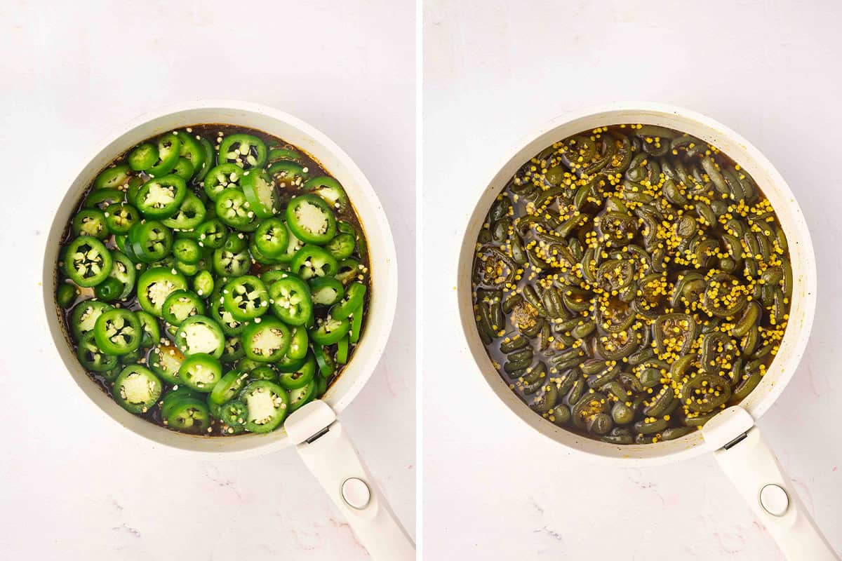 Jalapenos in syrup before and after simmering.