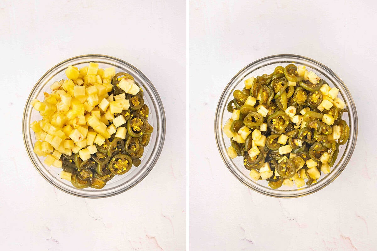 Jalapenos and pineapple in a bowl.