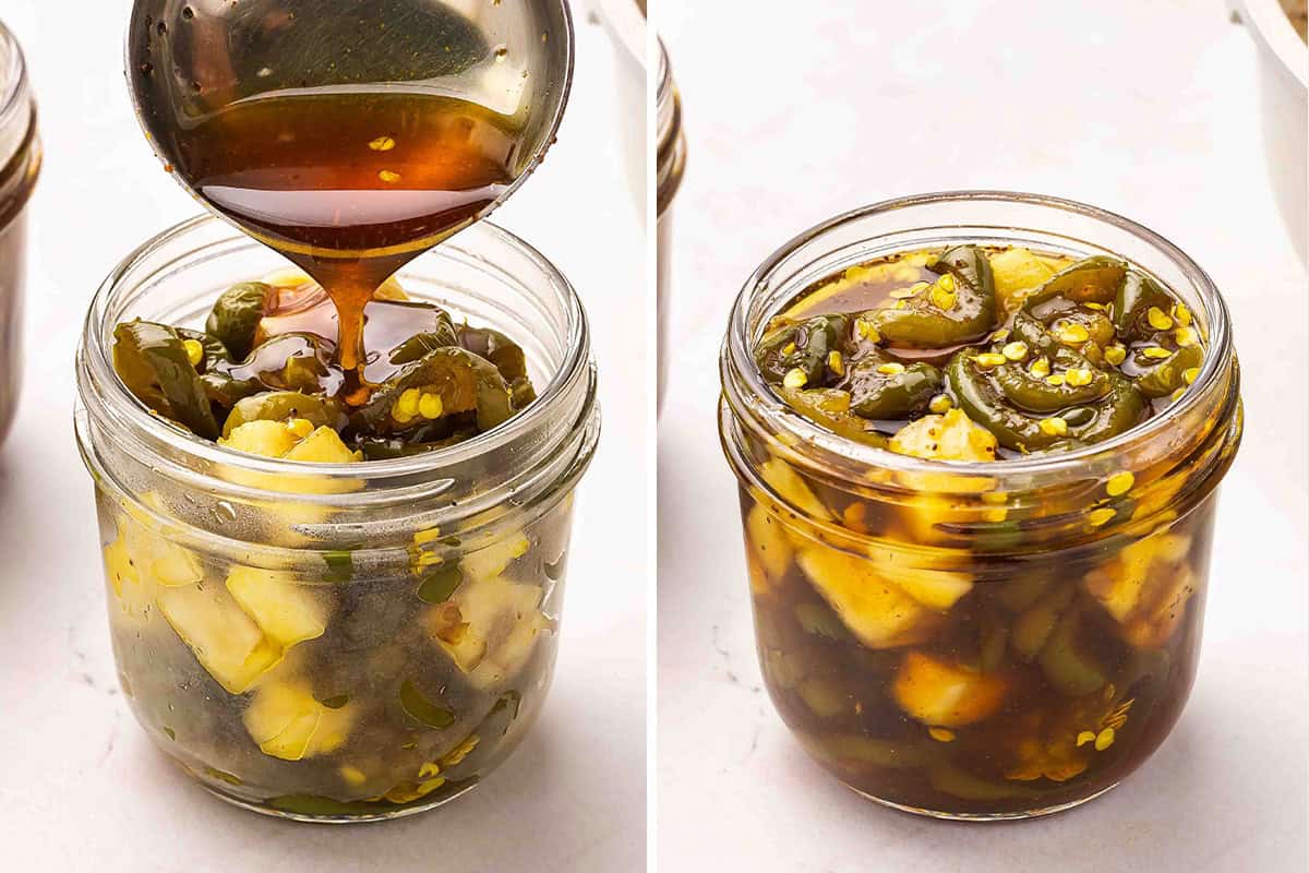 A ladle pouring syrup into a jar with jalapenos and pineapple.