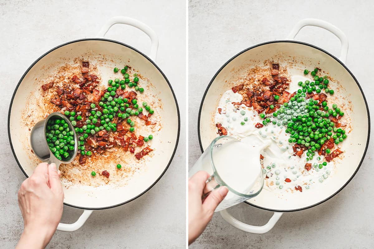 Adding peas and half-and-half to a skillet with crispy bacon and shallots to make the cream sauce.