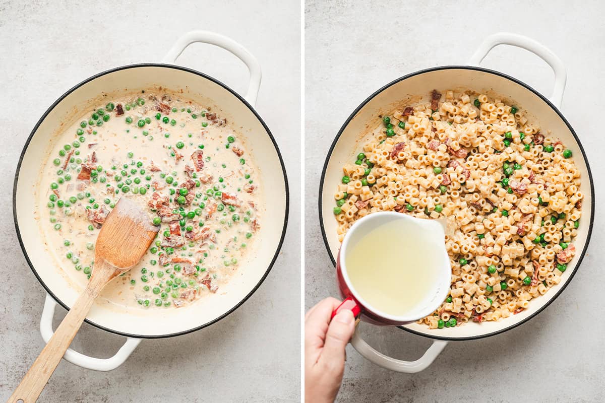 Cream sauce with bacon and peas simmering in a skillet and cooked ditalini pasta being added with reserved pasta water.