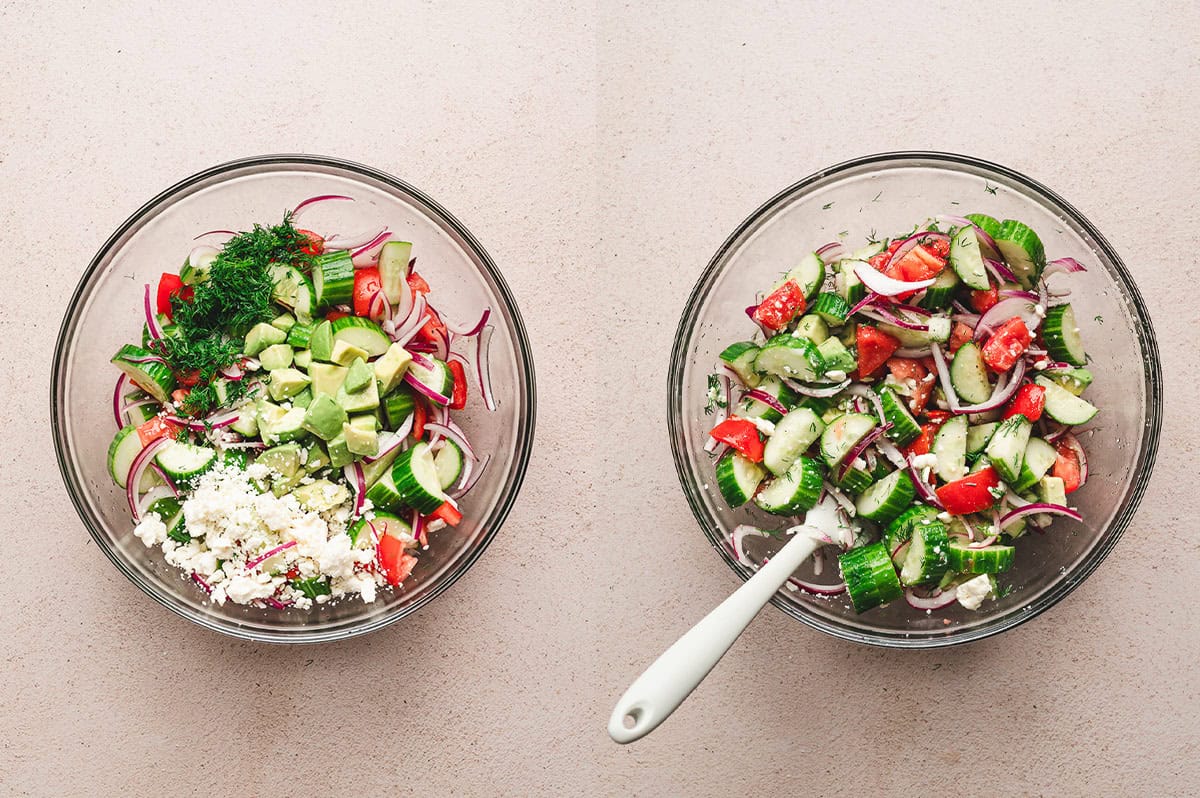 Side by side overhead view of cucumber tomato salad before and after tossing with feta, avocado, and fresh dill in a glass bowl