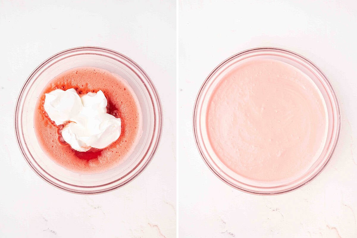 Cool Whip being folded into gelatin mixture for No-Bake Jello Pie