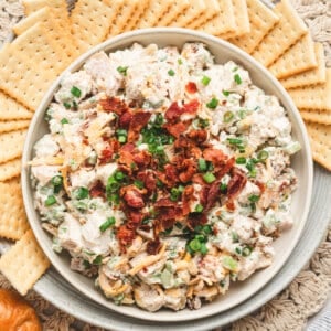 Overhead view of a bowl of million dollar chicken salad with crackers.