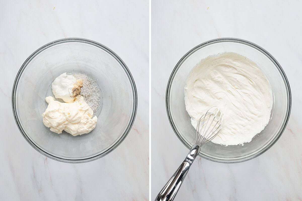 Greek yogurt, mayo and seasonings in a bowl, followed by those ingredients combined together.