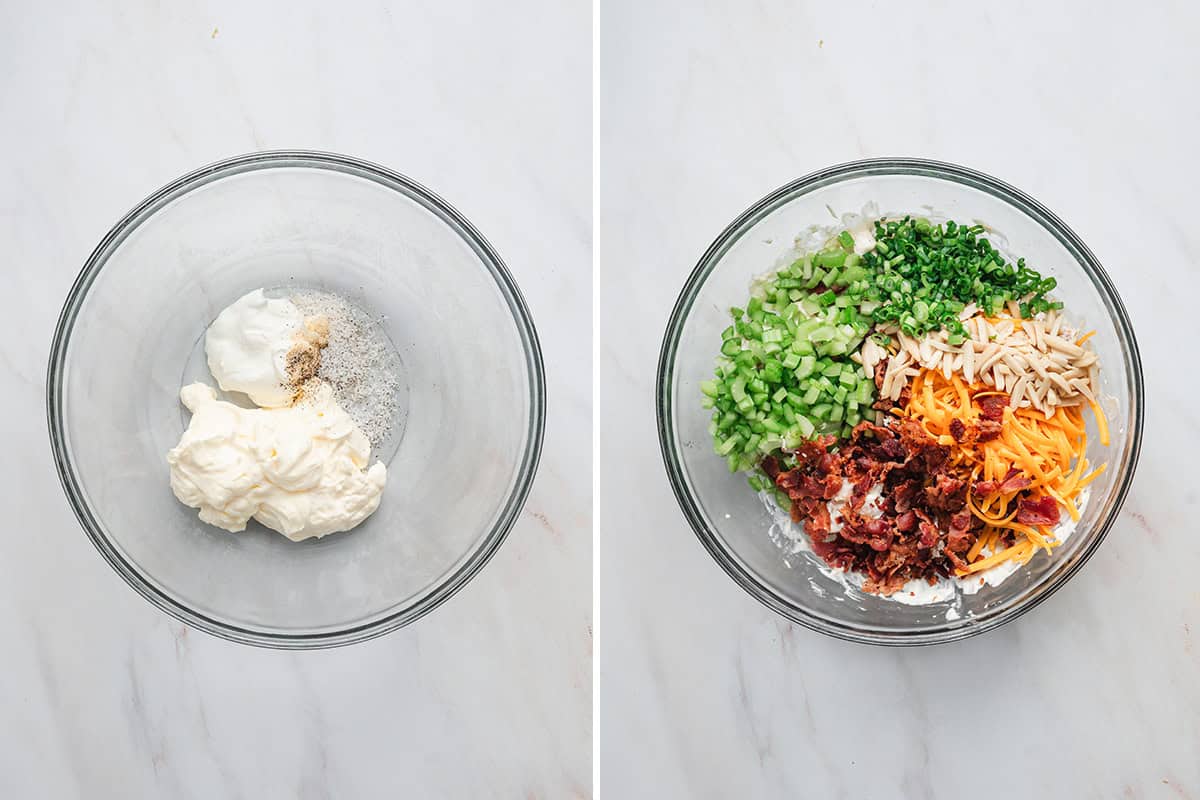 The dressing ingredients for million dollar chicken salad in a bowl, followed by the same bowl with celery, bacon crumbled, shredded cheddar, almonds and green onions added.