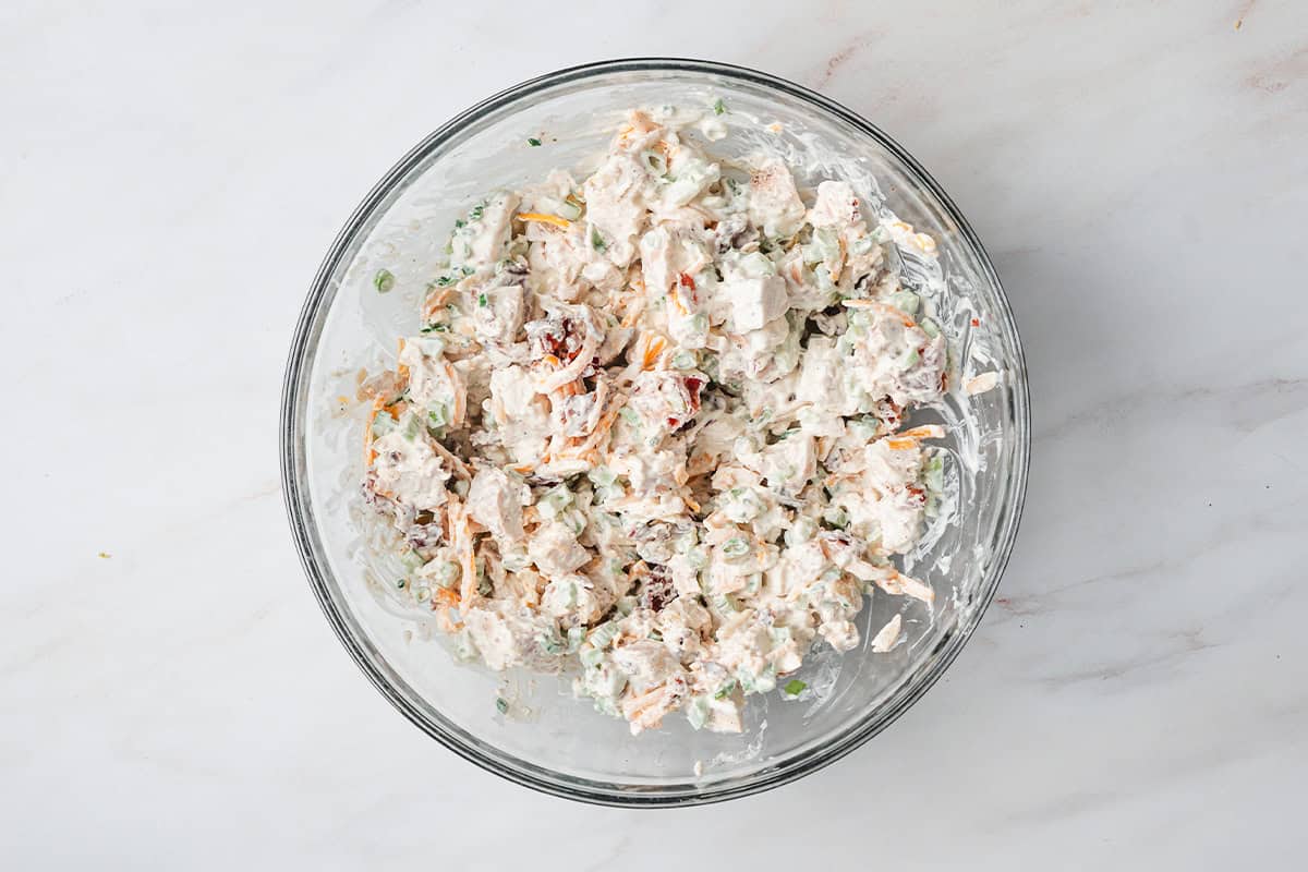 Overhead view of a bowl of million dollar chicken salad.