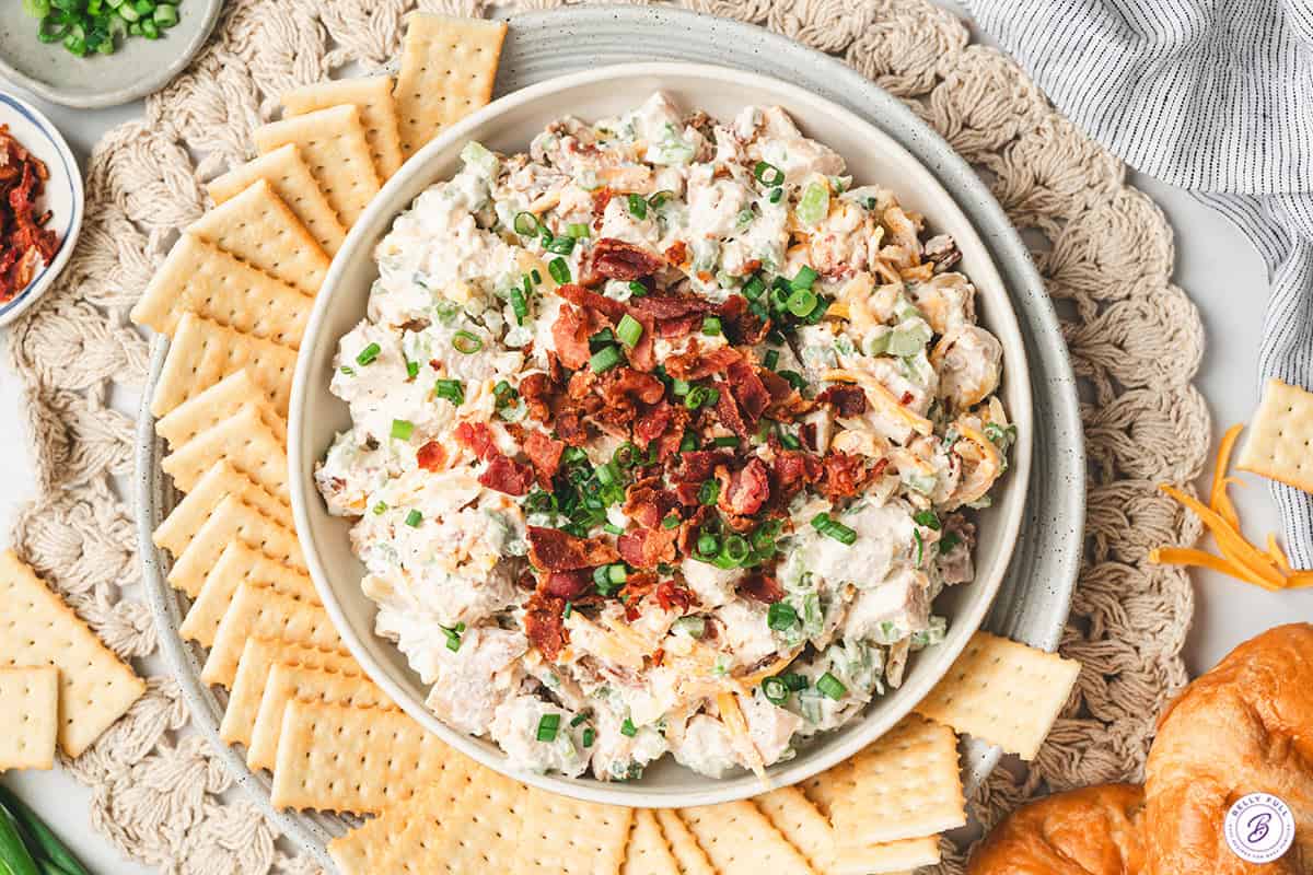 A bowl of million dollar chicken salad with crackers.