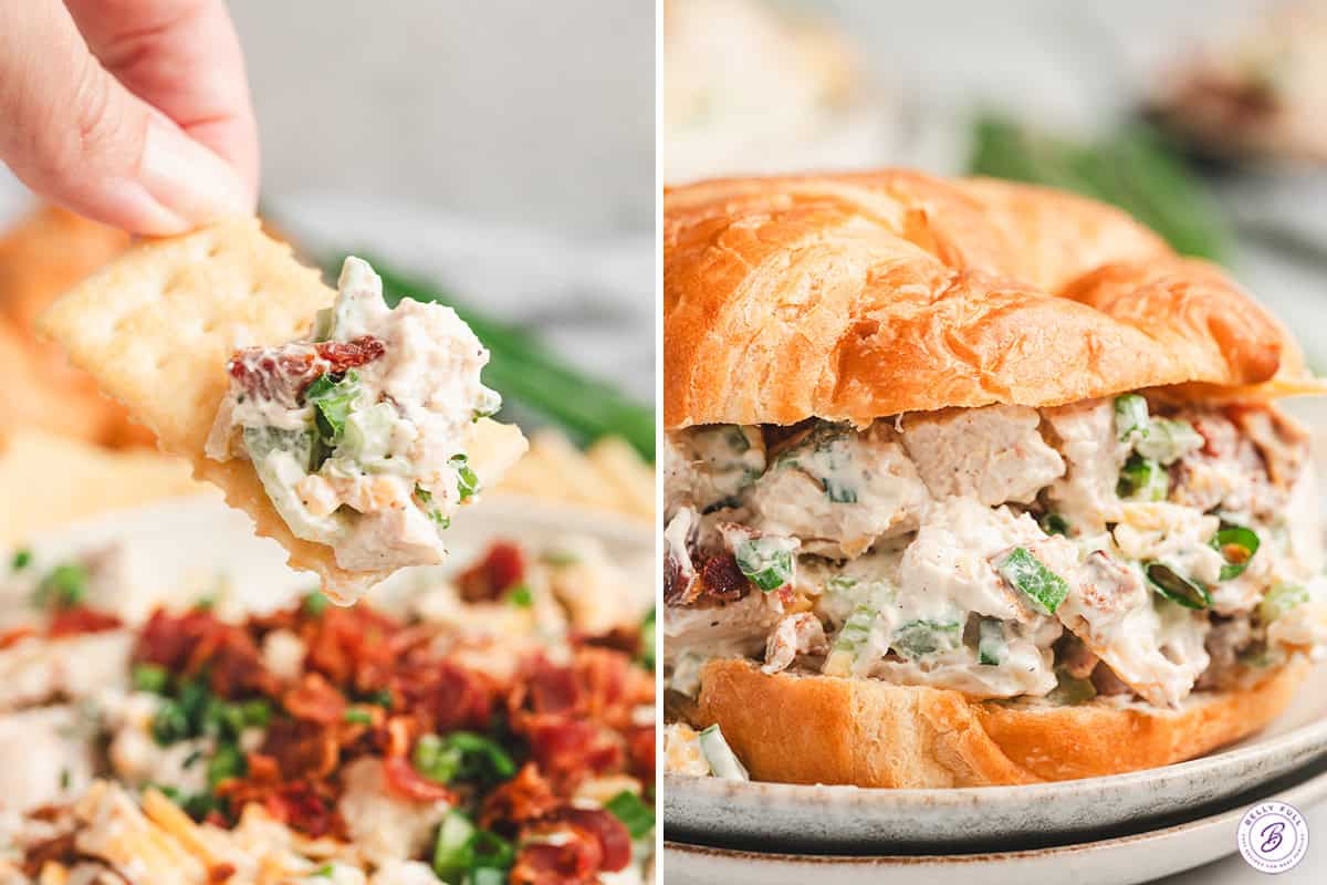 A hand holding a cracker scooping up some million dollar chicken salad, followed by the same salad on a croissant.