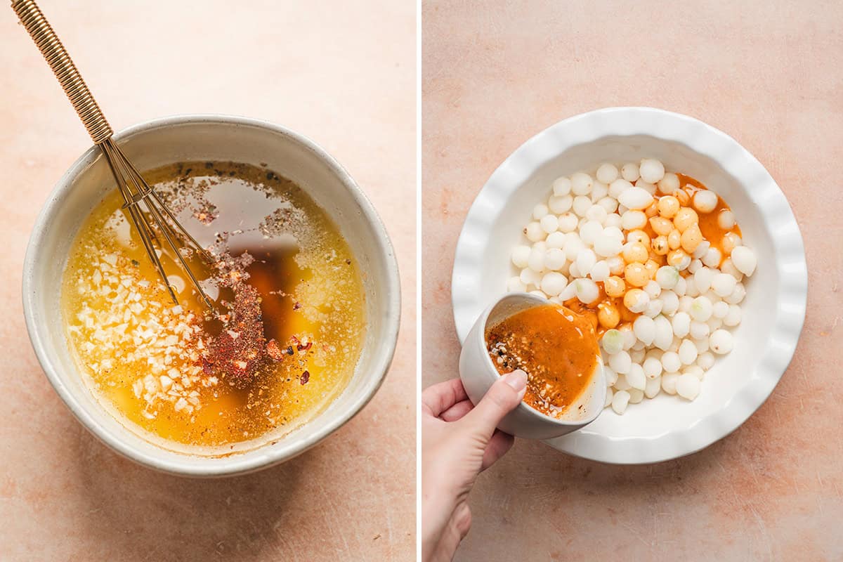 Seasoned butter mixture in a bowl, followed by that butter mixture being added to a pie dish of mini pearl onions.