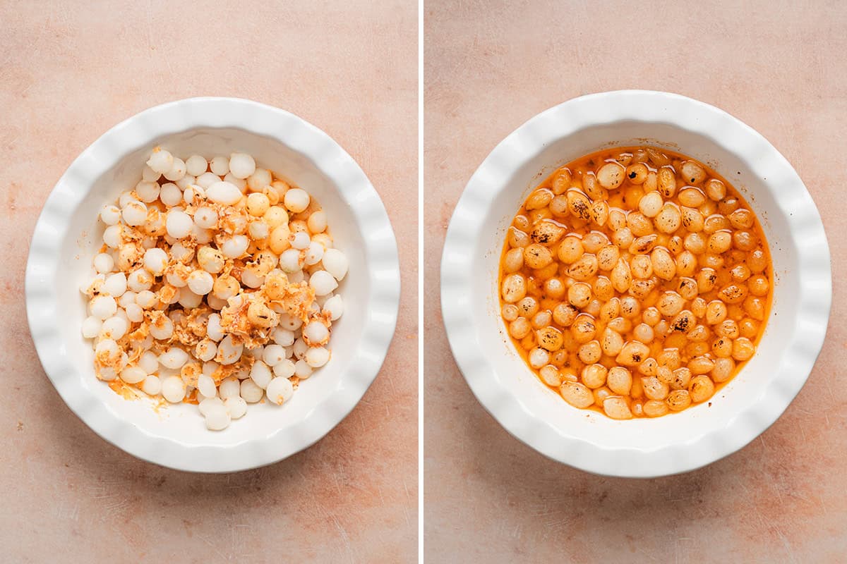 Pearl onions in a pie dish with melted seasoned butter poured over top, followed by the same dish after being in the oven.