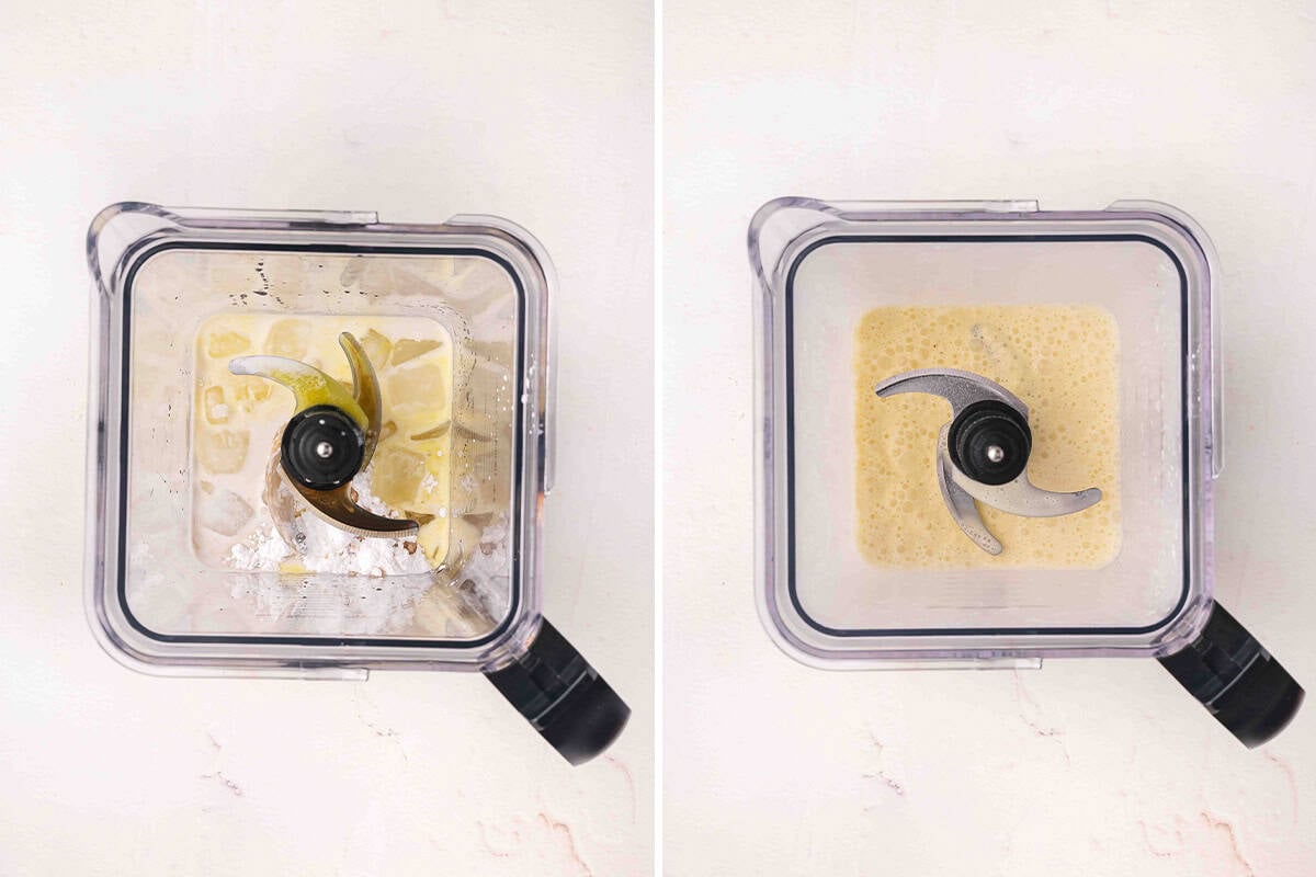 Overhead view of a blender blending the ingredients for a pineapple coconut orange julius, followed by the blended smoothie in the blender.