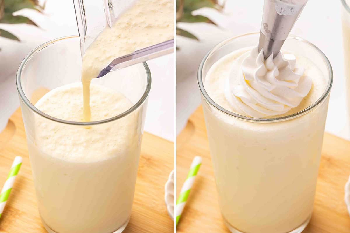 A pineapple coconut orange julius being poured into a glass, followed by whipped cream being added on top.