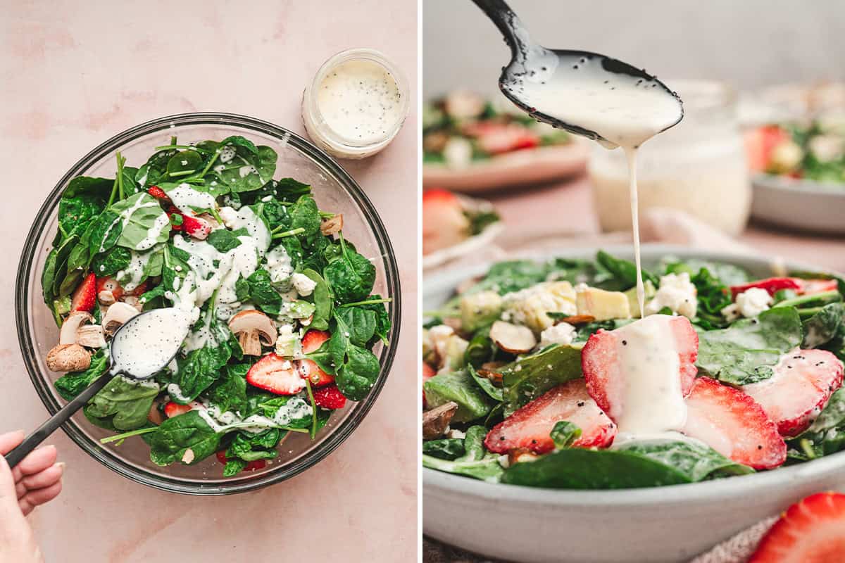 Poppy seed dressing drizzled over a fresh spinach and strawberry salad with feta and mushrooms.