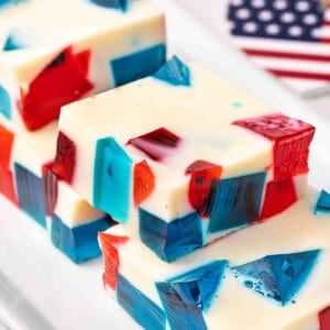 Side view of slices of red white and blue jello.