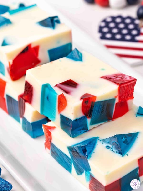Side view of slices of red white and blue jello.