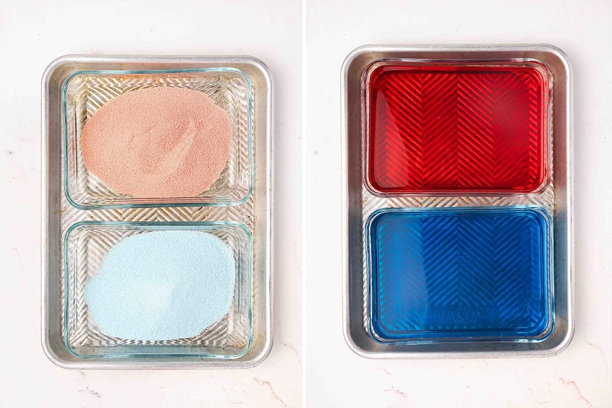 Red and blue jello powder in two separate containers, followed by red and blue jello mixture in two separate containers.