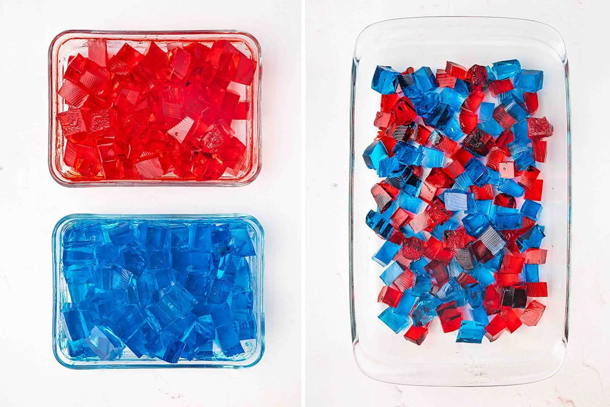 Red and blue jello sliced into squares, followed by the sliced jello in a glass baking dish.