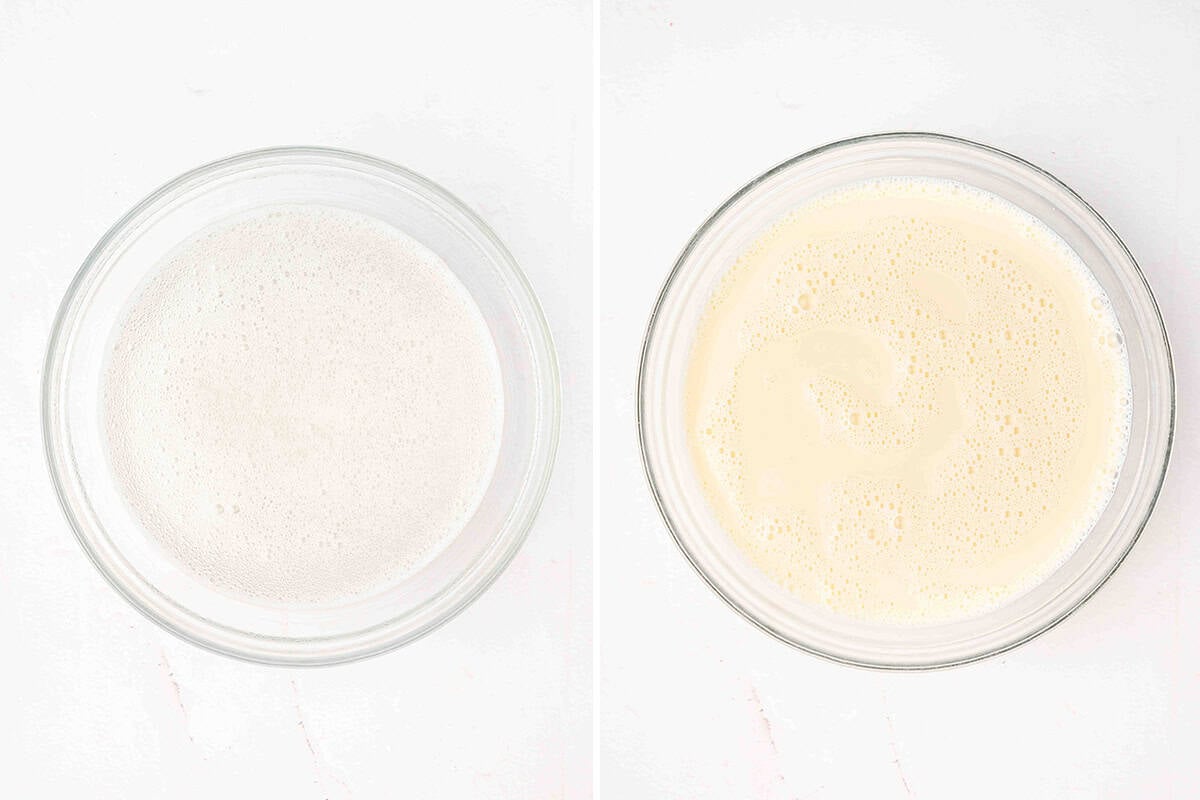 Gelatin dissolved in a bowl, followed by sweetened condensed milk added to that same bowl.
