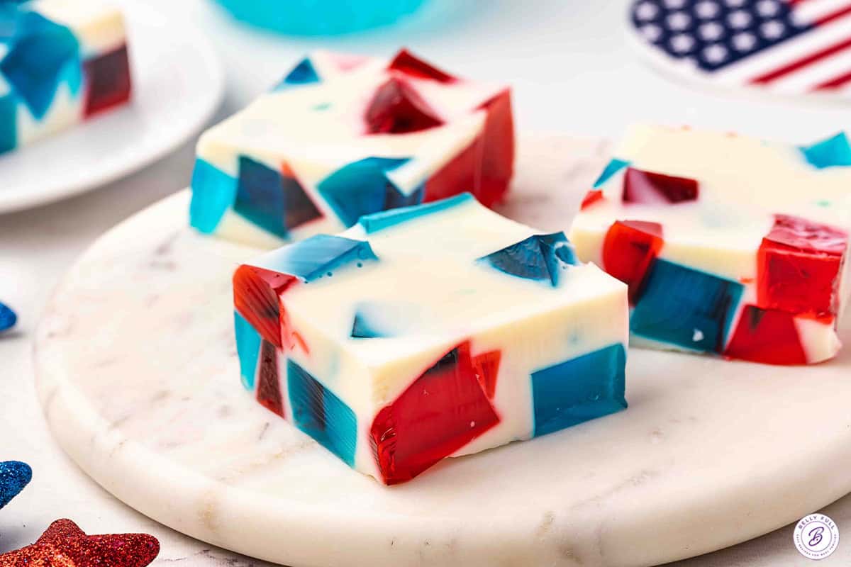 Slices of red white and blue jello.