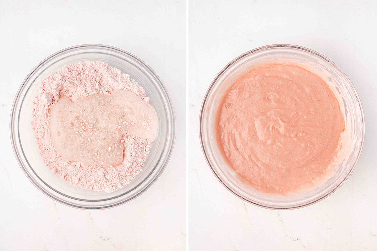 Cake mix in a bowl, followed by strawberry cake batter in a bowl.