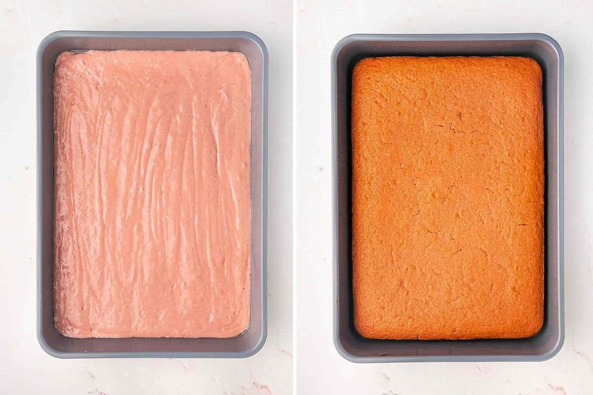 Soda cake batter in a baking pan, followed by a baked soda cake.