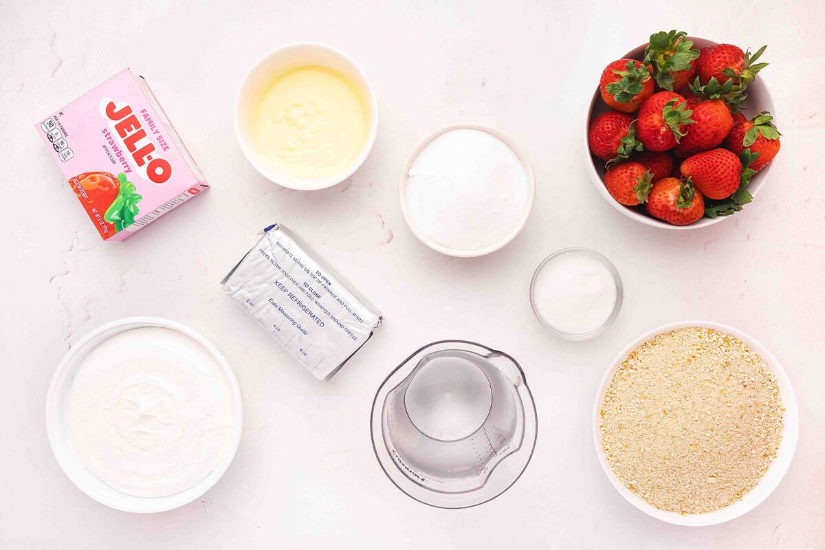 The ingredients to make a strawberry pretzel salad.