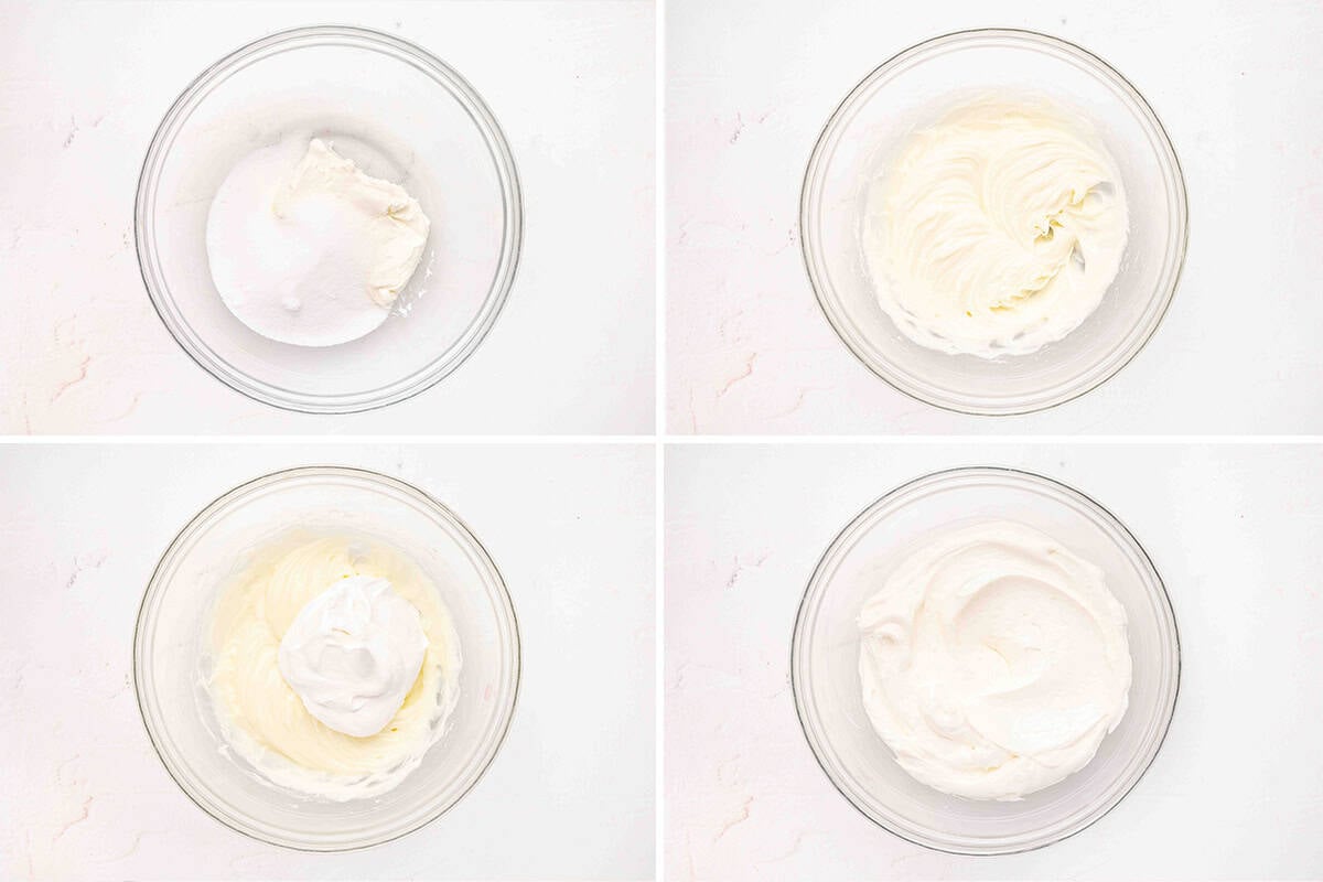 Sugar and cream cheese in a bowl, followed by whipped cream cheese in a bowl, then cool whip added, and then a bowl of the final creamy filling for a strawberry pretzel salad.