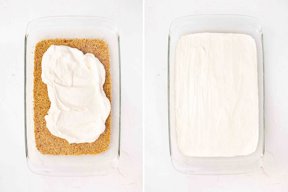 A pretzel crust in a baking dish topped with a creamy cool whip filling.
