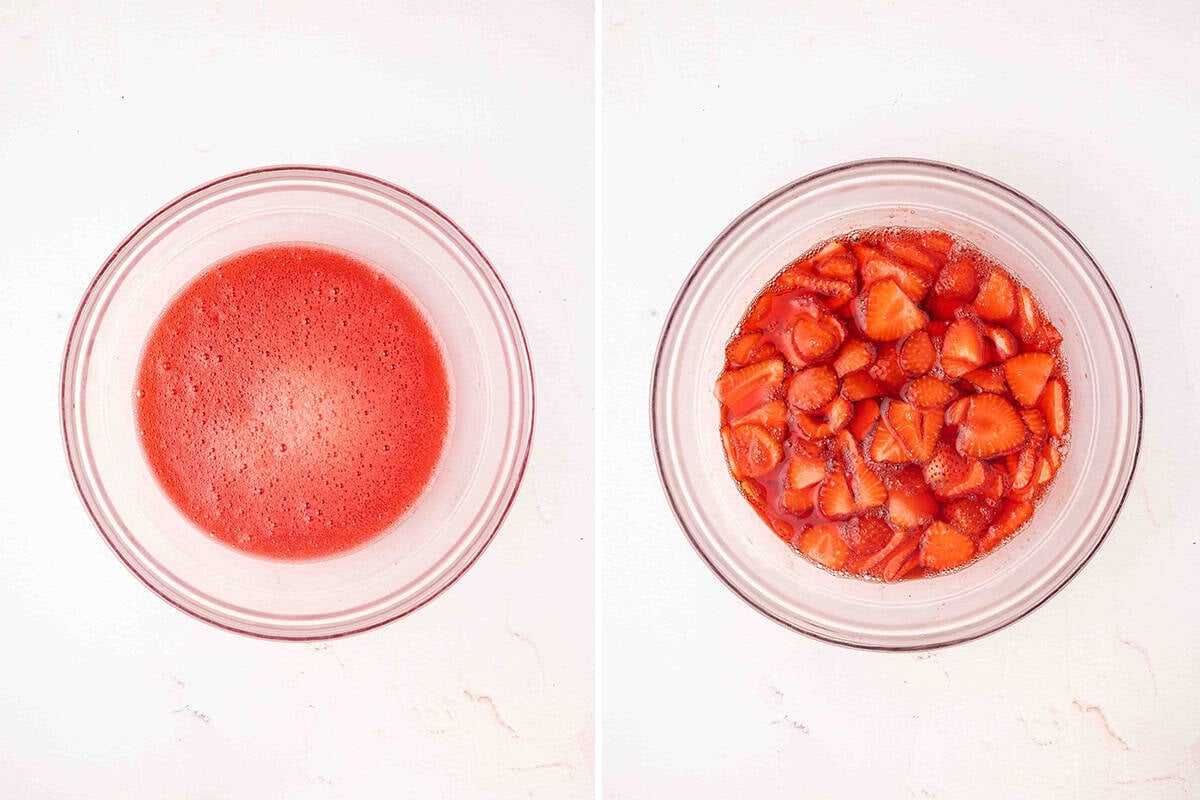 Strawberry jello mixture in a bowl, followed by strawberries added to the same bowl.