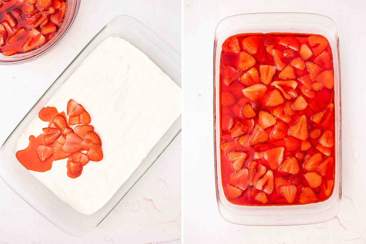 Strawberrys added to a baking dish with pretzel salad layers, followed by an overhead view of a strawberry pretzel salad.