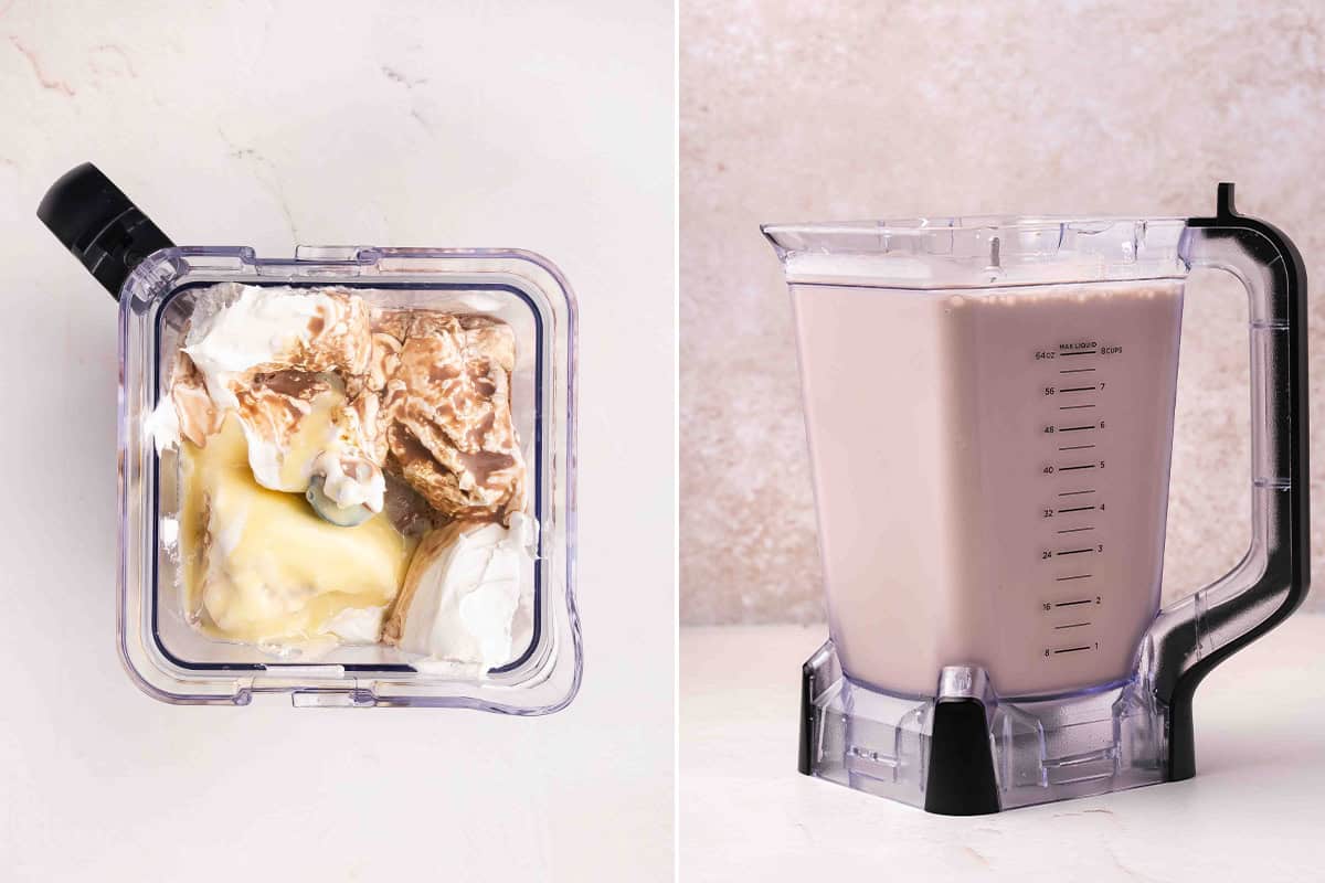 Left: ingredients including frozen Cool Whip and sweetened condensed milk in a blender before mixing. Right: smooth, creamy chocolate Frosty mixture blended and ready to freeze
