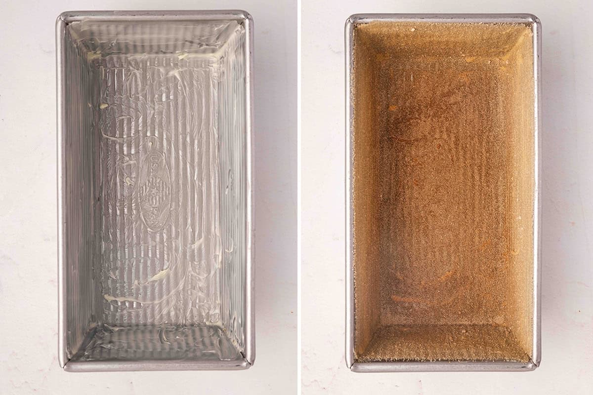 loaf pan greased with butter next to loaf pan coated in cinnamon sugar