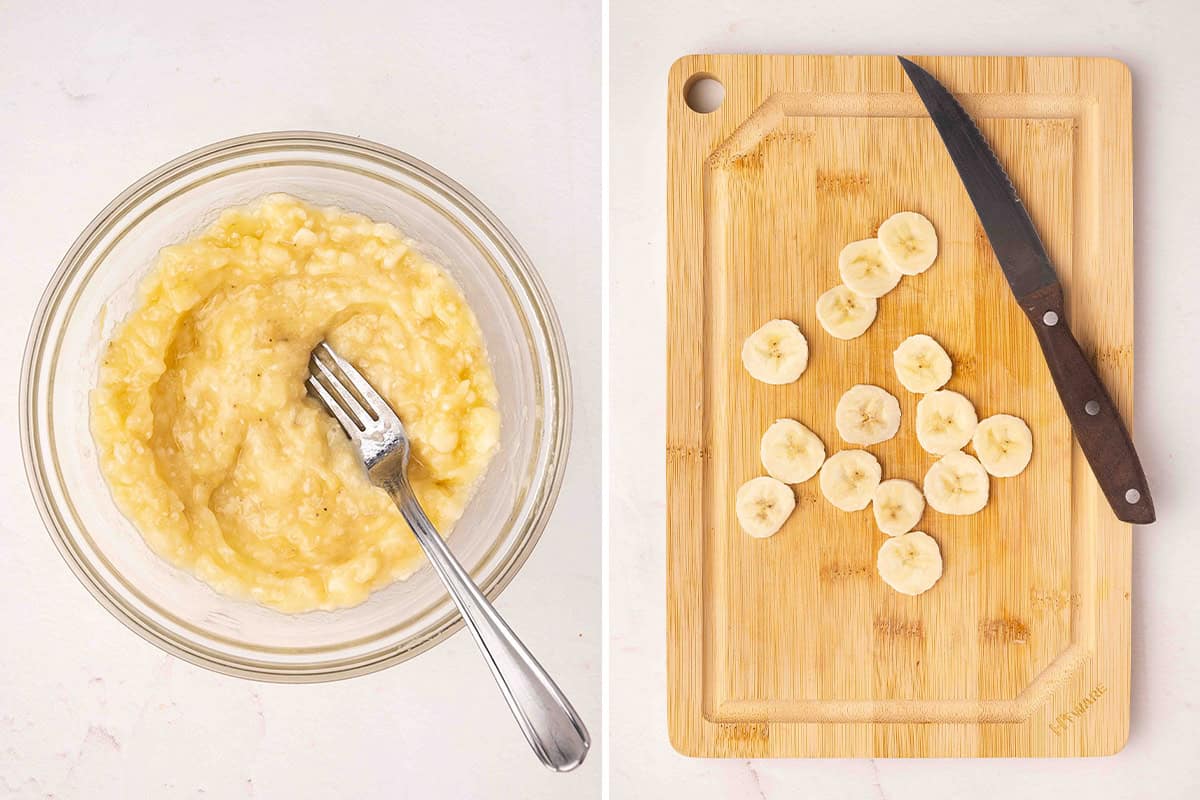 bowl of mashed banana next to sliced banana rounds on a cutting board