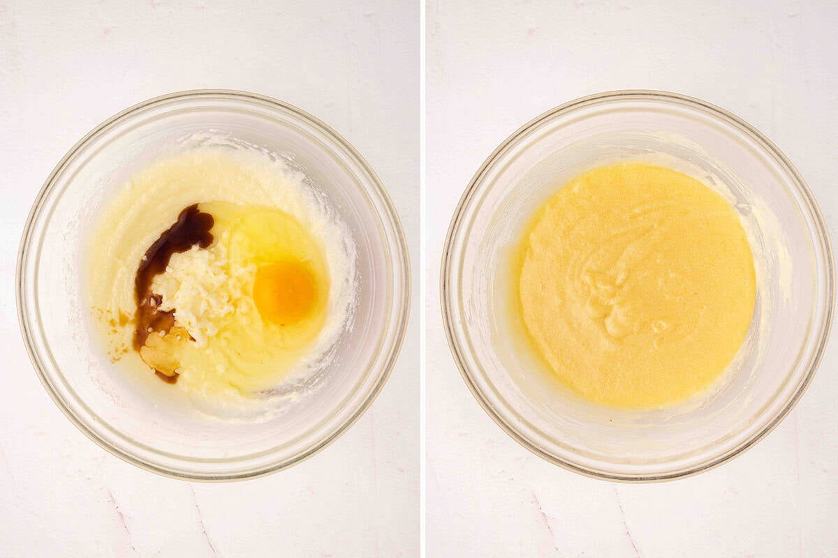 eggs and vanilla added to butter and sugar mixture next to the mixture whisked smooth