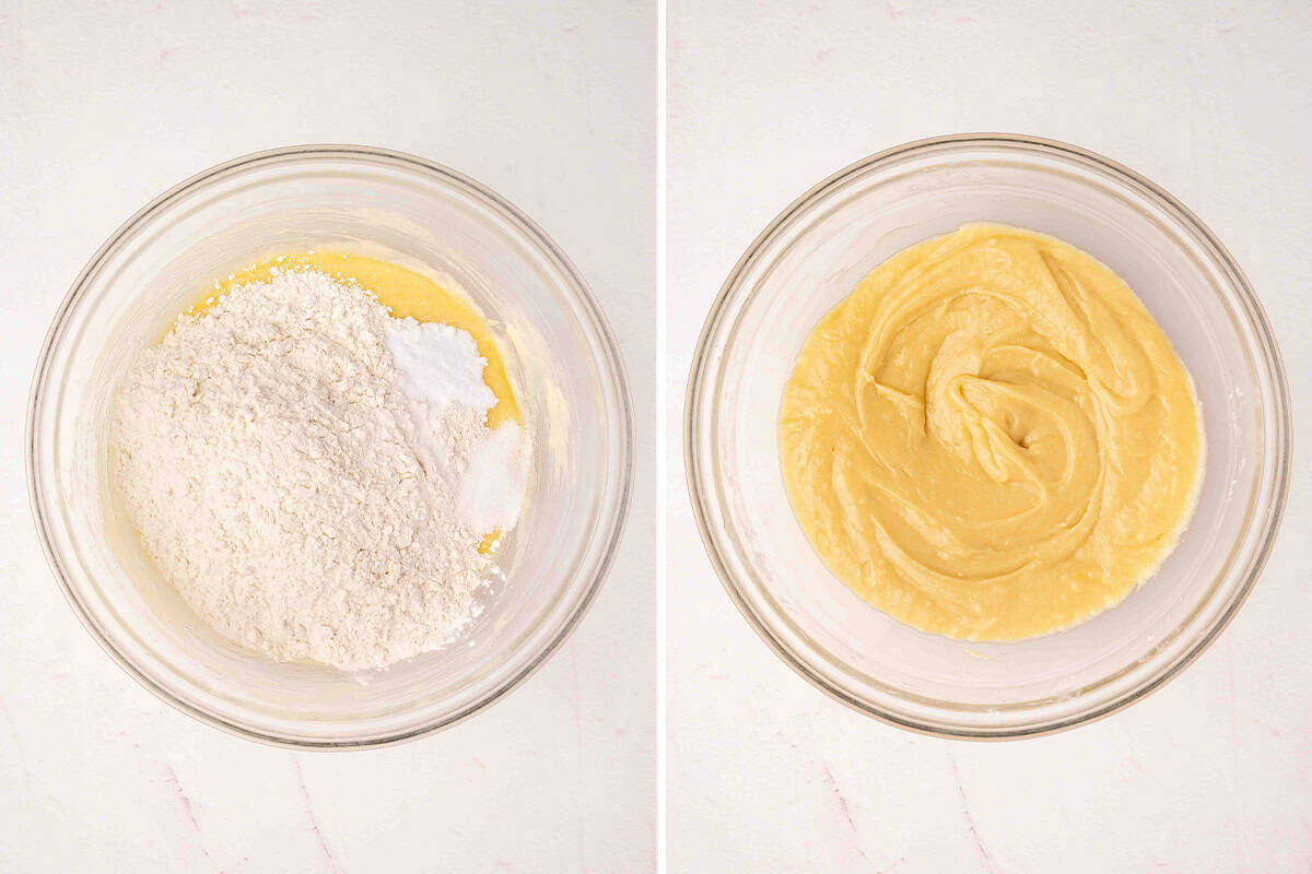 flour, baking soda, and salt added to banana bread batter next to batter mixed together