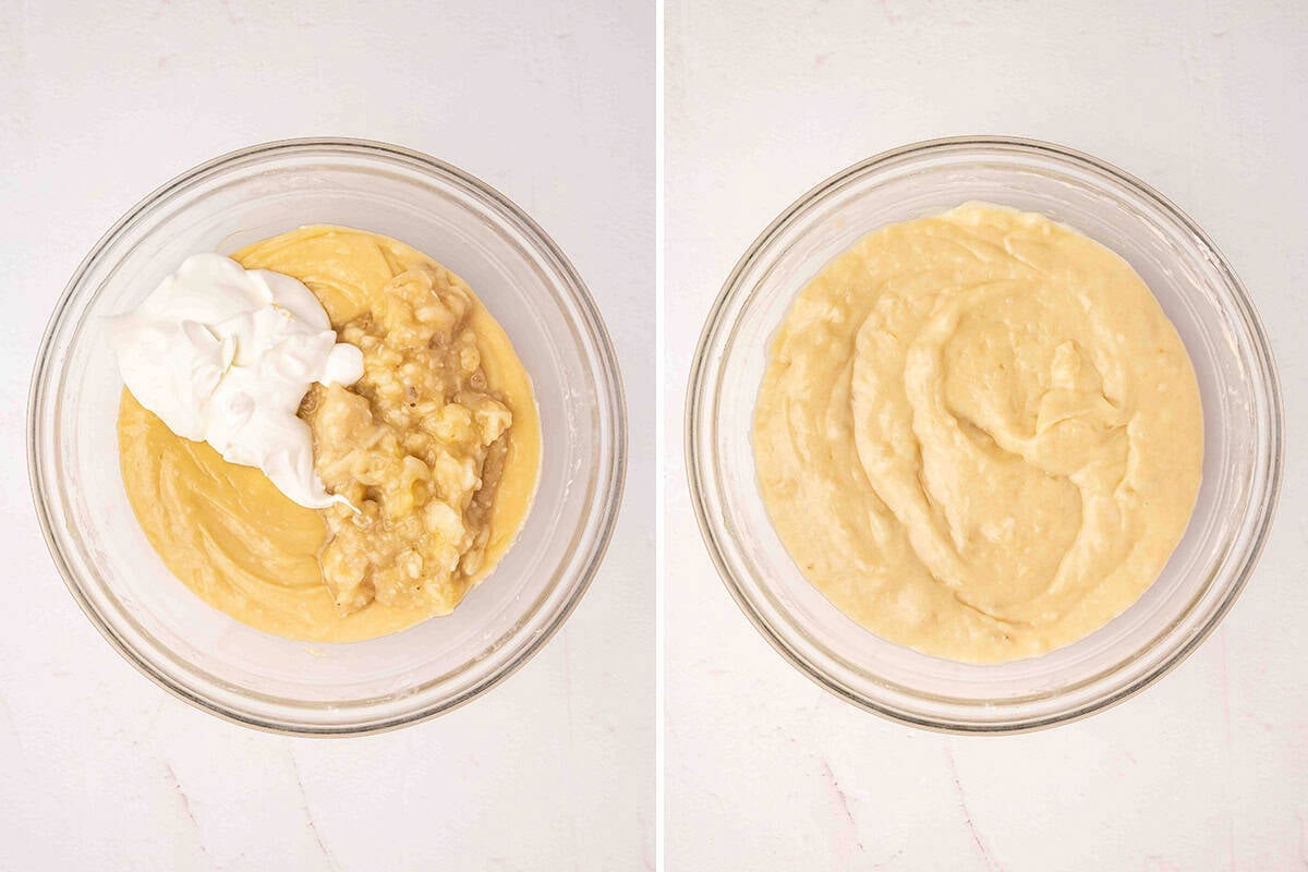 mashed banana and sour cream added to batter next to batter mixed together