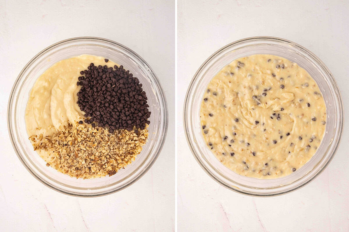 chocolate chips and walnuts added to banana bread batter next to batter folded together