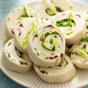 chicken salad pinwheels on serving plate