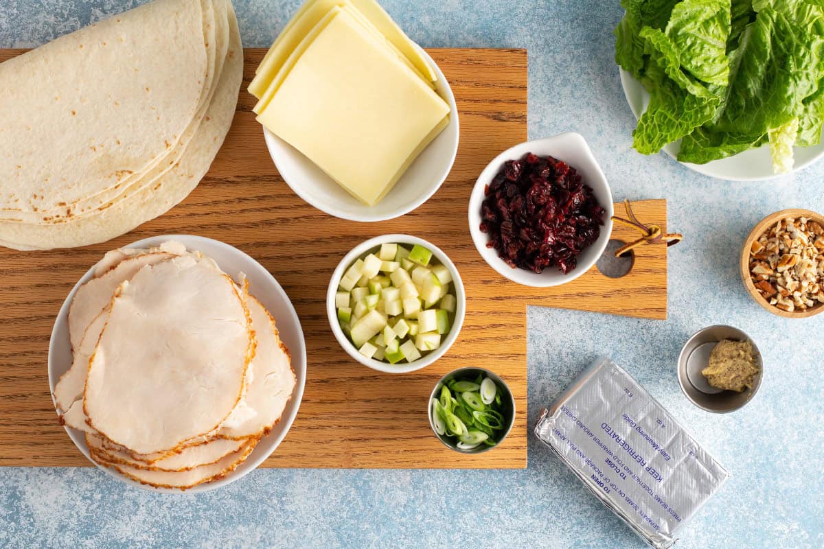 ingredients to make chicken salad pinwheels appetizer