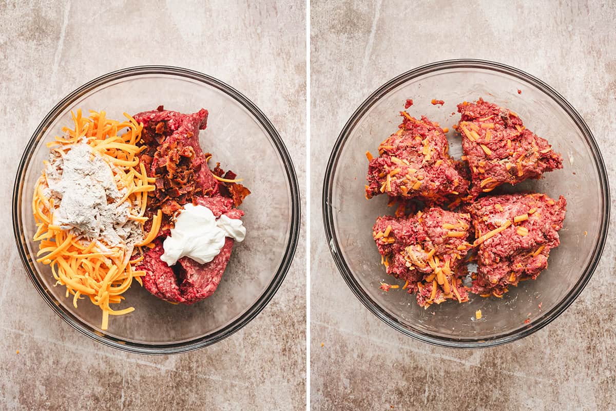 The meat mixture for crack smash burgers in a bowl, followed by everything mixed together.